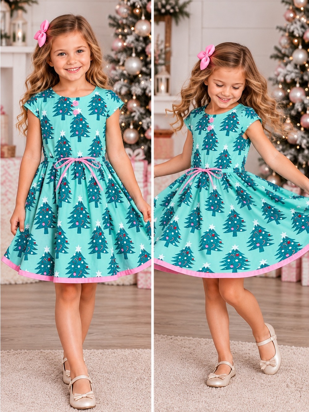 Eleanor Rose Girls 6/7 Christmas Tree Twirl Dress Aqua Pink Holiday